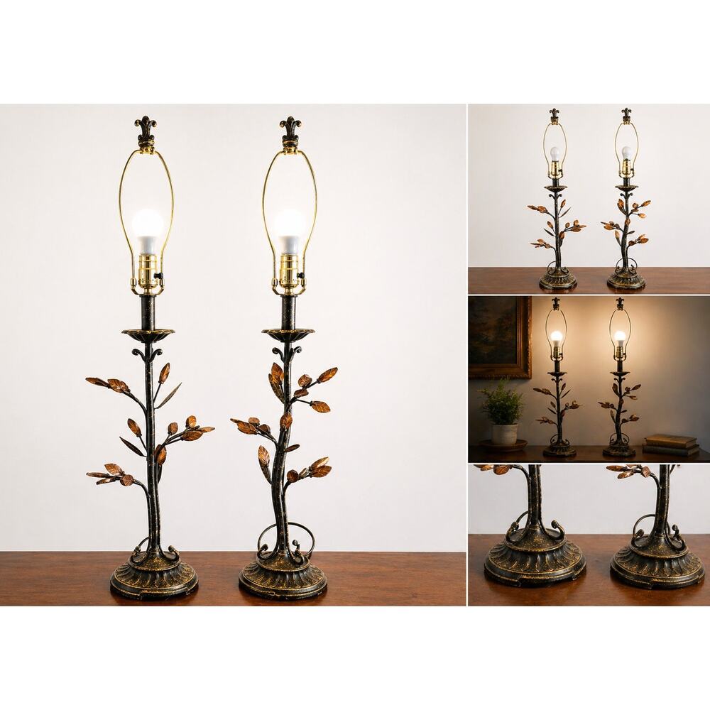 pair vintage table lamps designed tree sculpture design with amber glass leaves